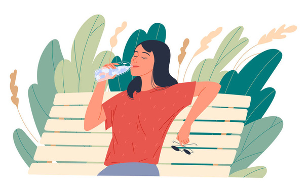 Girl enjoying drinking water while sitting on a park bench - Vector, Image