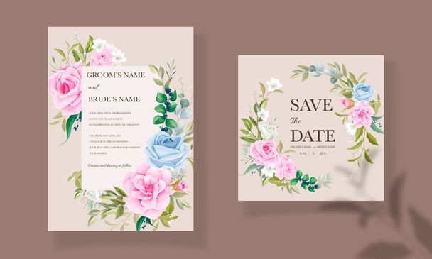 Plantilla de tarjeta de invitación de boda con hermosas decoraciones florales - Vector, Imagen