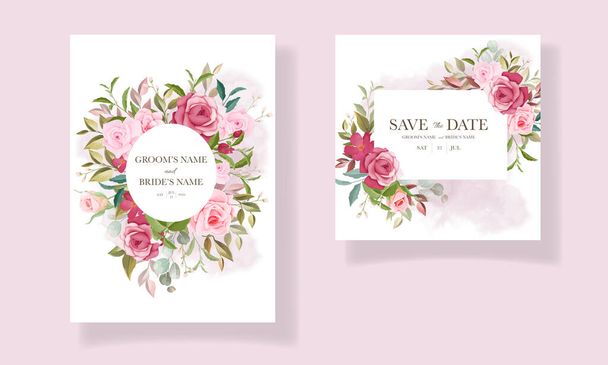 Esküvői meghívó kártya sablon készlet gyönyörű virágdíszek - Vektor, kép