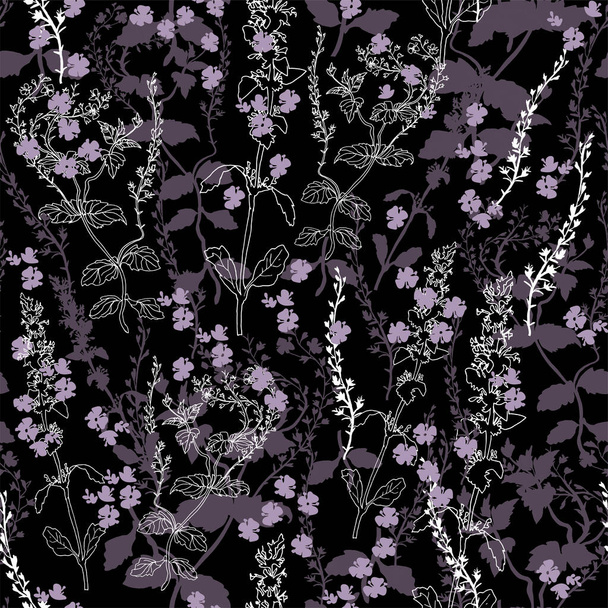 Wild herbs and wildflowers drawn by hand in flat style on dark background.  - Вектор, зображення