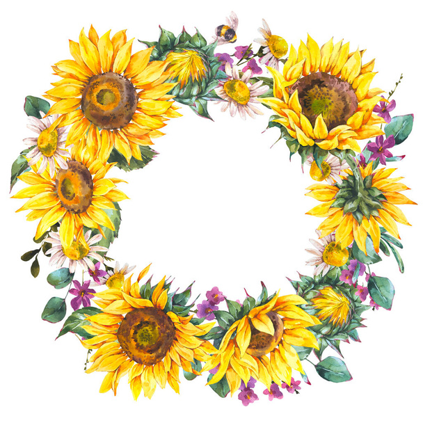 Couronne vintage d'été de tournesols aquarelle. Cadre rond floral jaune naturel isolé sur blanc. Contexte botanique - Photo, image