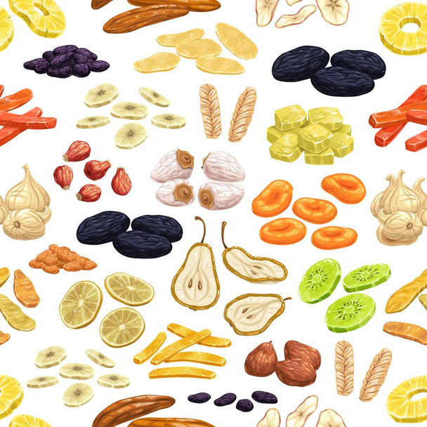 Dried fruits seamless pattern. Cartoon vector dry pineapple slice, raisins and pear, papaya, banana and mango, apple, roseship and figs, prunes, persimmon and melon, ginger, lemon and apricots, kiwi - Vector, Image
