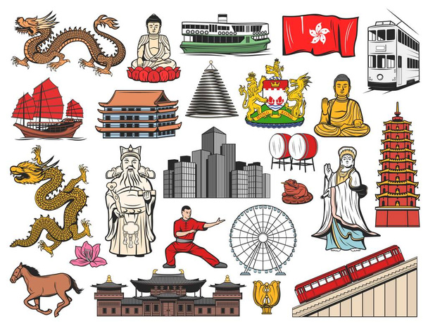 Гонконг і Китай подорожують іконами з ізольованим векторним прапором, квіткою баухінія, Буддою, храмом і будівлями пагоди. Дракон, піковий трамвай і хмарочоси, герб, барабан, богиня моря і непотріб. - Вектор, зображення