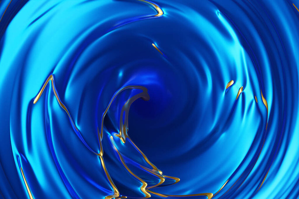 Ilustración 3D de un patrón hipnótico. Azul abstracto con fondo dorado con círculos brillantes y purpurina. Lujoso diseño de fondo - Foto, imagen