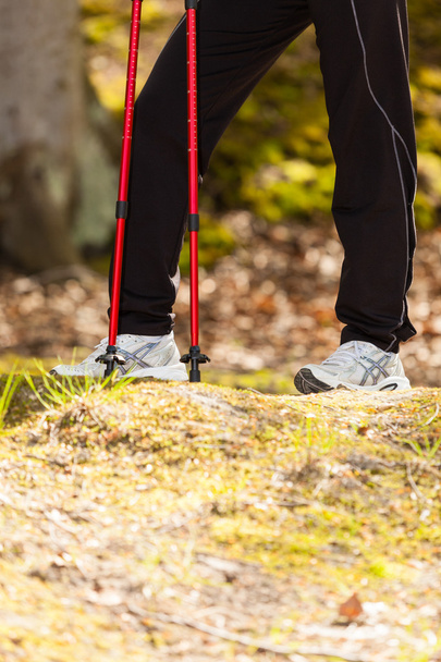 Nordic walking. Female legs hiking in forest or park. - Фото, зображення