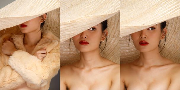 Face Fashion Portrait of 20s Asian LGBTQIA+ Woman Red Lips wear Big straw Beach Hat. Transgender Girl do beauty shot no face over gray Background isolated with emotion feeling - Photo, Image