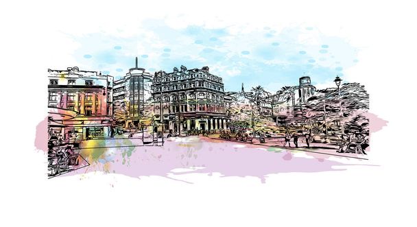 印刷ボーンマスのランドマークとビルの景色は、イングランドの町です。手描きのスケッチイラストと水彩スプラッシュベクトル. - ベクター画像