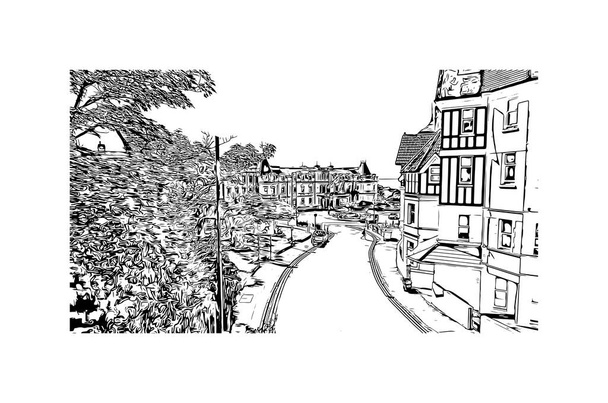 Print Gebouwenzicht met herkenningspunt Bournemouth is de stad in Engeland. Handgetekende schets illustratie in vector. - Vector, afbeelding