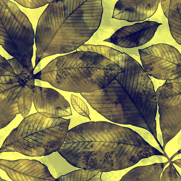 Отпечатки каштановых листьев бесшовные. Цифровые линии, нарисованные вручную с акварельной текстурой. Смешанные медиа произведения искусства. Бесконечный мотив для текстильного декора и естественного дизайна. - Фото, изображение