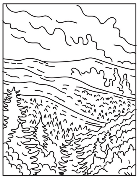 Linia Mono ilustracja Great Smoky Mountains National Park między granicą Karolina Północna i Tennessee, Stany Zjednoczone Ameryki wykonane w stylu retro czarno-białe monoline line art. - Wektor, obraz