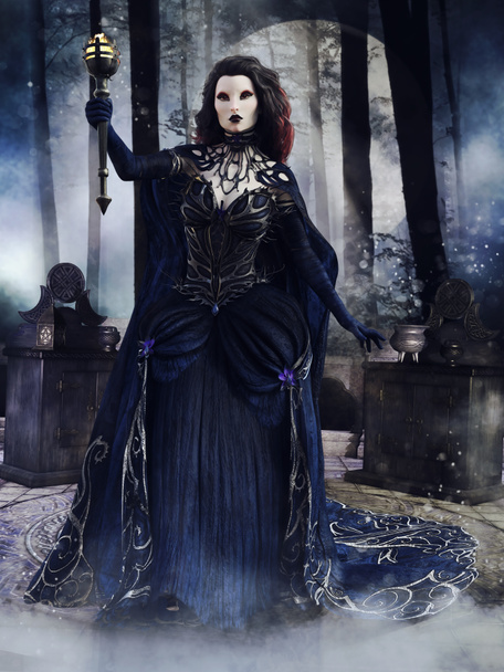Gothic sorceress with a torch standing next to an altar with ritual tools in the woods at night. 3D render. - Photo, Image