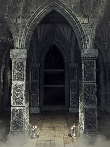 Темний готичний коридор у старому соборі зі свічками та павутинними сітками. 3D візуалізація
. - Фото, зображення