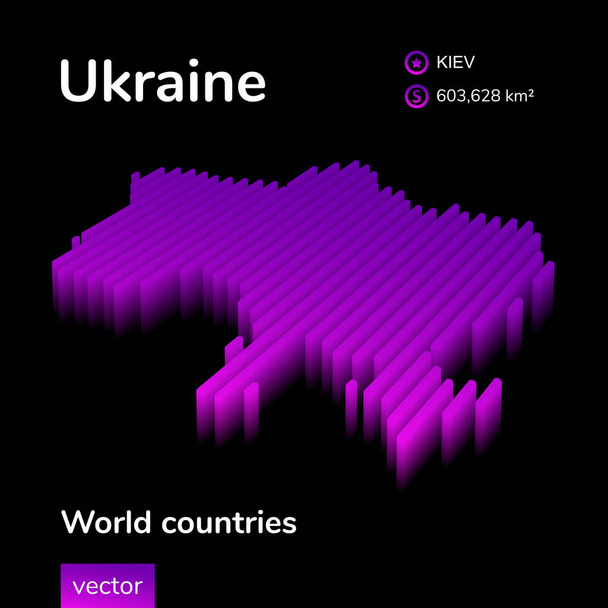 Stylized neon digital isometric striped vector Ukraine map with 3d effect. Map of Ukraine is in violet  and pink colors on the black background.  - Vector, Image
