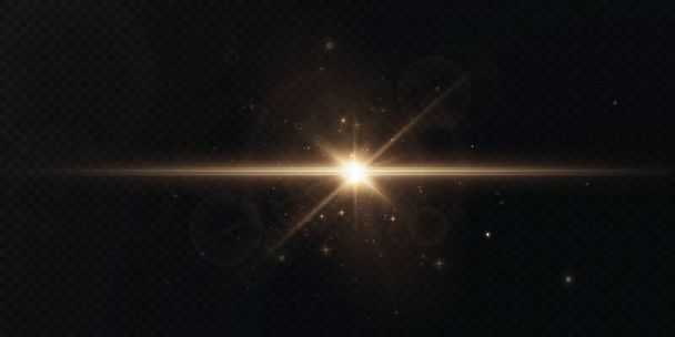 The sun is shining bright light rays with realistic glare. Light star on a transparent black background. - Vector, Image