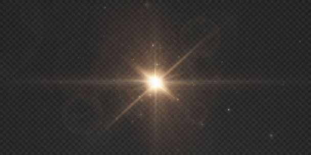 A nap ragyogó fénysugarakat süt reális ragyogással. Világos csillag egy átlátszó fekete háttér. - Vektor, kép