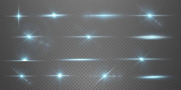 Light beams of light in neon and blue. Illuminated horizontal neon laser. Collection of light transparent realistic rays for design isolated on a transparent background. Horizontal optical lens flare. Vector illustration. - Vector, afbeelding