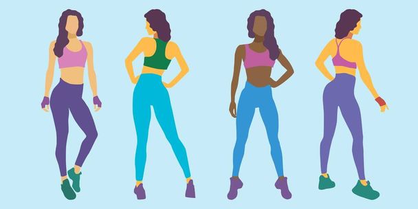 Slim sport girl and woman set. Vector flat illustration background. Sportwear leggings and trainers, sneakers. Design and advertising sportclub, banner, poster, postcards - Vector, Image