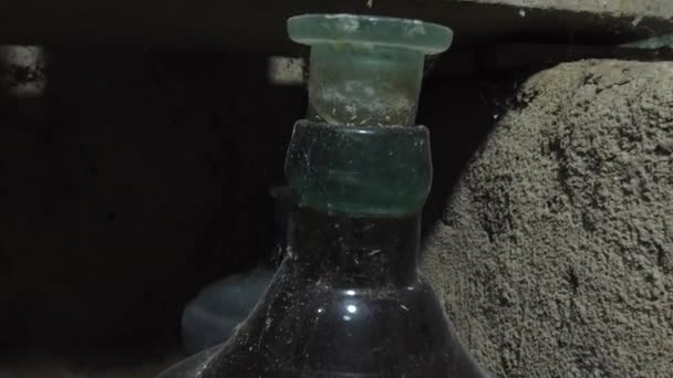 Suuren lasipullon kaula, jossa on lasitulppa. Saviviinikellarissa, vanha pullo kotitekoista viiniä, monta vuotta vanha. lähikuva - Materiaali, video