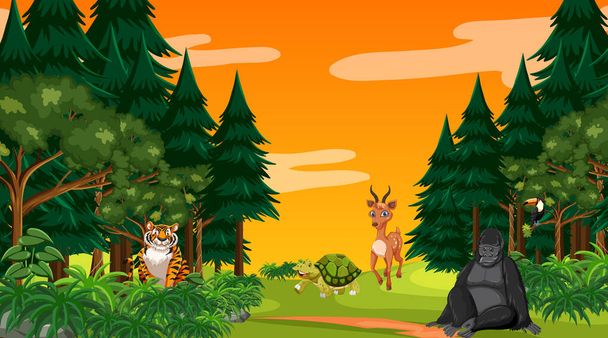 Δάσος στο ηλιοβασίλεμα σκηνή με διαφορετικά άγρια ζώα εικονογράφηση - Διάνυσμα, εικόνα