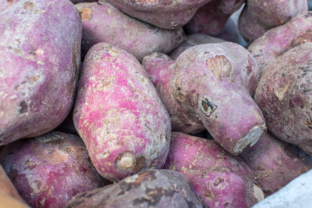 Variante de Camote púrpura en exhibición en un supermercado o mercado. Batatas en venta. - Foto, Imagen