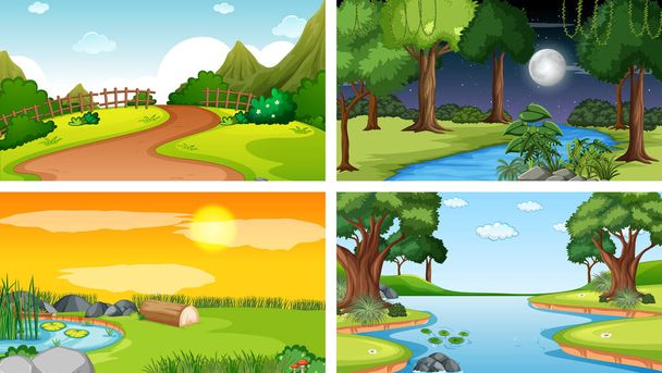Cuatro escenarios diferentes de parque natural e ilustración forestal - Vector, Imagen