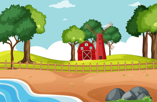 Stodola a větrný mlýn v parku scéna ilustrace - Vektor, obrázek