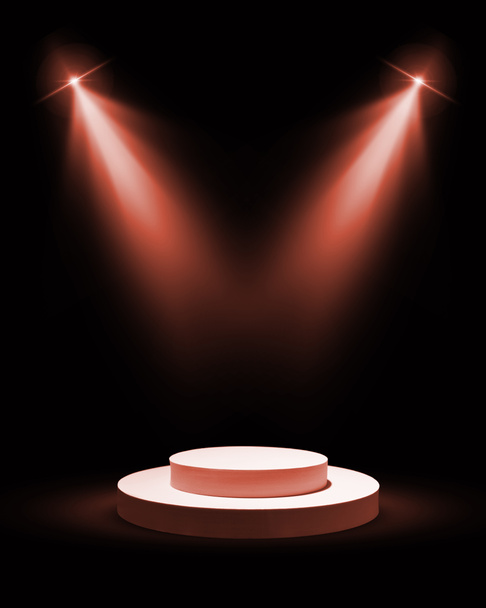 Toneel podium met rode verlichting, Toneel Podium 2 Spots Scene blauwe achtergrond. - Foto, afbeelding