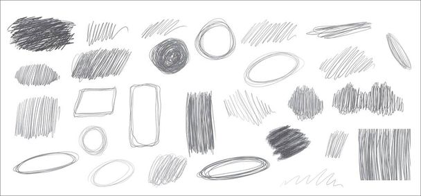 Desenhos a lápis de chumbo preto. Um conjunto de elementos para o design: traços, quadros, pontos, listras, linhas, rabiscos. Cores cinzentas. Espaço vazio para texto. Ilustração vetorial - Vetor, Imagem