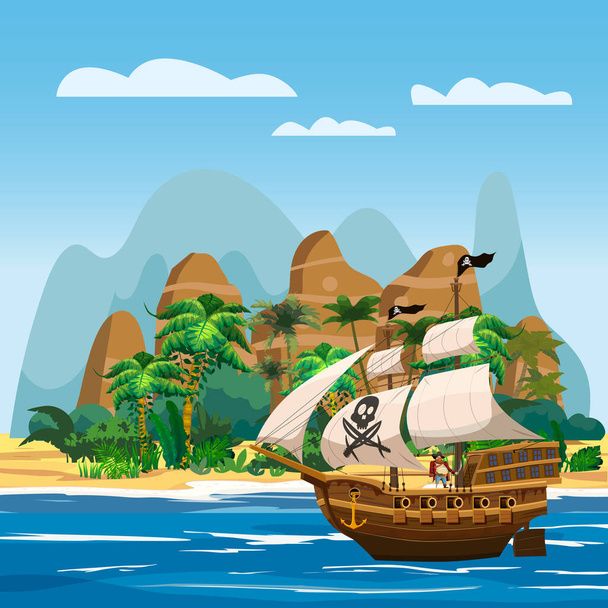 Piratenschip onder zeil in de oceaan, Island Treasure tropische, palmen, bergen. Zee landschap, avontuur, spel. Vectorillustratie - Vector, afbeelding