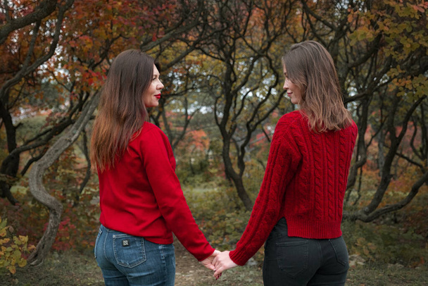 Reife Mutter beim Umarmen mit ihrer Teenager-Tochter im Freien an einem Herbsttag. Herbstmode, warme rote Pullover. Wandern im Herbstwald - Foto, Bild