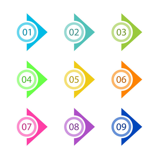 Número Puntos de bala Círculo plano y triángulo establecidos sobre fondo blanco. Colorido color con número de 01 a 09 para su diseño. ilustración vectorial - Vector, Imagen