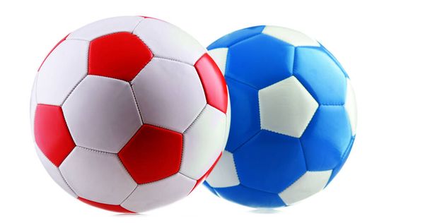 Two leather soccer balls isolated on white background. - Zdjęcie, obraz