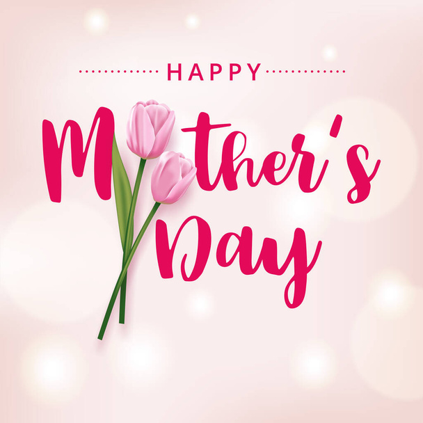 Szczęśliwa kartka na dzień matki z różowymi tulipanami na różowym tle  - Wektor, obraz