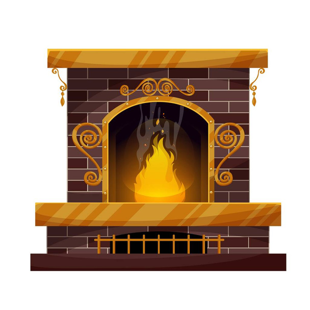 Home interior brick fireplace with burning fire, forgery decor and grating. Vector traditional indoors chimney, vintage fireside, heating system, cartoon design element isolated on white background - Vector, Image