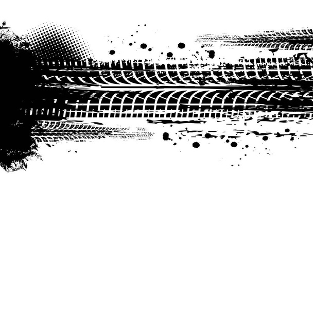 Offroad-Reifenabdruck und Grunge-Flecken, Vektorhintergrund mit schwarzen, schmutzigen Autoreifenspuren. Grungy Fahrzeug Trail abstrakte Textur, Offroad-Rennen Wettbewerb, Rallye, Motocross schmutzige Reifenmuster - Vektor, Bild