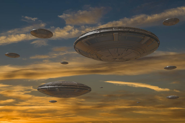 3D-weergave. UFO-ruimteschip - Foto, afbeelding