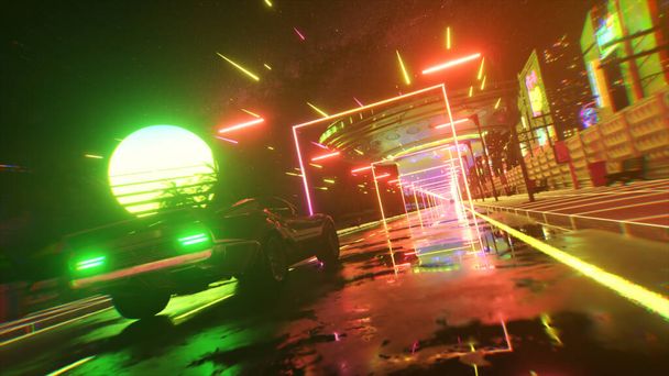 Auto und Stadt im Neon-Stil. 80er Jahre Retro-Welle Hintergrund 3D-Illustration. Retro-futuristisches Auto fährt durch Neonstadt. - Foto, Bild