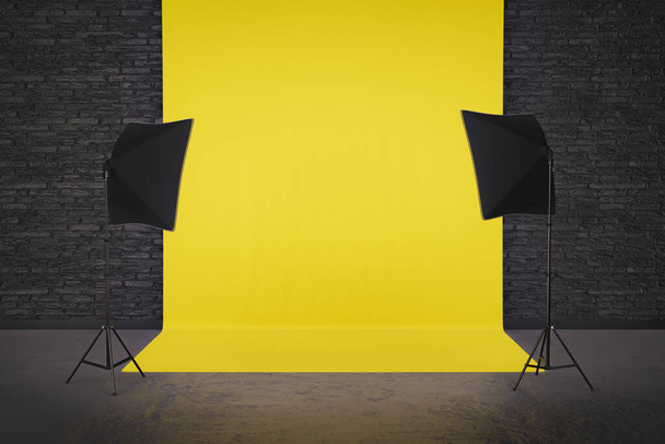 Fotostudio mit dunkler Ziegelwand, quadratischer Softbox und gelbem Hintergrundstoff. Raum für Gestaltung. 3D-Darstellung - Foto, Bild