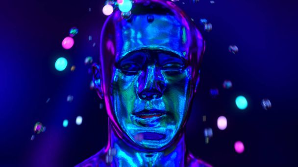 しわのある柔らかい金属の顔の面白い3Dイラスト。人間のクロムの顔が粉砕されます。休息とリラクゼーションの概念。頭の上に球からのシャワーが. - 写真・画像