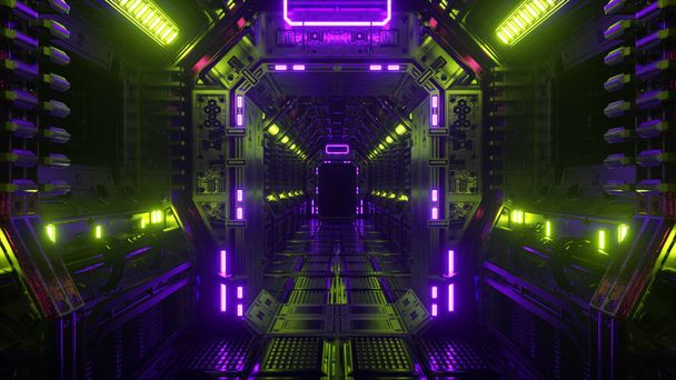Létá v tunelu vesmírné lodi, v sci-fi koridoru. Futuristická abstraktní technologie. Technologie a koncepce budoucnosti. Blikající světlo. 3D ilustrace - Fotografie, Obrázek