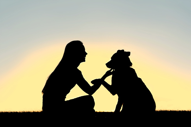 vrouw en hond schudden handen zonsondergang silhouet - Foto, afbeelding