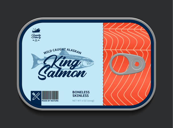 Modèle d'étiquette de saumon roi en conserve, boîte de conserve de poisson vecteur avec couvercle d'étiquette, concept de conception d'emballage - Vecteur, image