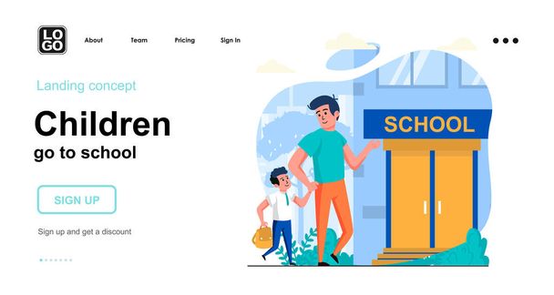子供たちは学校のウェブの概念に行く。父は息子を朝学校へ連れて行く。生徒は授業に行く。人々のシーンのテンプレート。ウェブサイトのためのフラットデザインのキャラクター活動とベクトルイラスト - ベクター画像