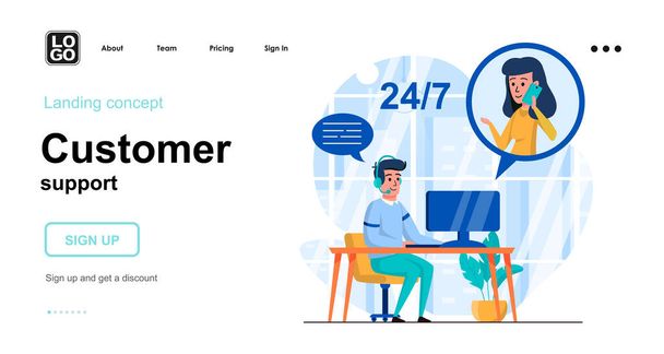 Customer support web concept. Operator takes calls from clients, processes applications online. Template of people scenes. Vector illustration with character activities in flat design for website - Vector, Image