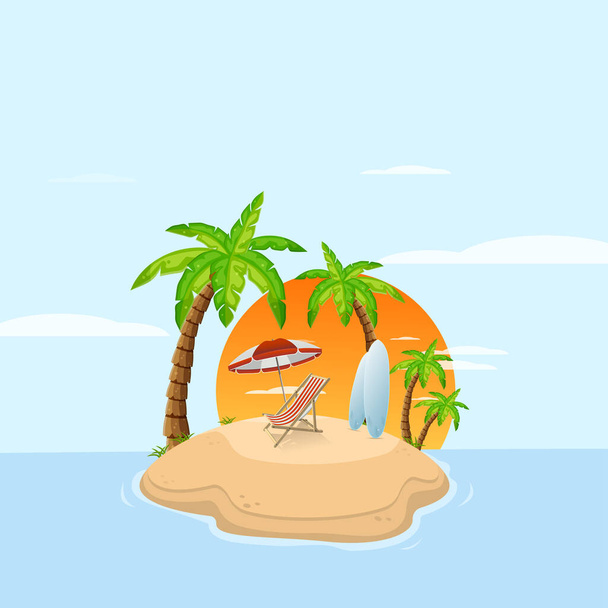 Tropický ostrov v oceánu s palmami a solárium s prknem. Písečná pláž po moři. Odpočiň si. vektorová ilustrace. - Vektor, obrázek