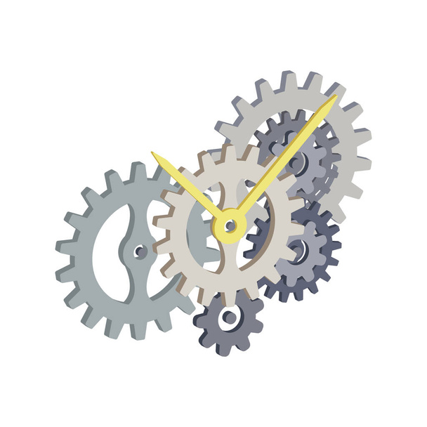 Versnellingsmechanisme van de klok met minuten- en uurwijzer geïsoleerd op witte achtergrond.Isometrische en 3D weergave. - Vector, afbeelding