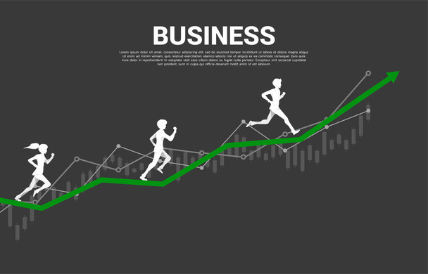 Silueta obchodníka a obchodnice běžící na grafu. podnikatelský koncept úspěchu v podnikání - Vektor, obrázek