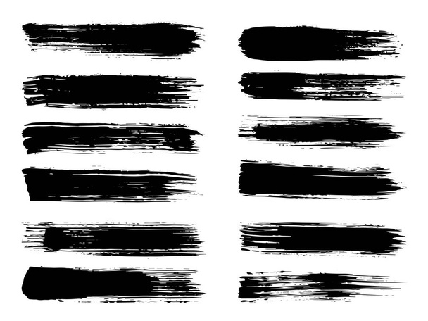 Sammlung von künstlerischen grungy schwarze Farbe Hand gemacht kreative Pinselstrich gesetzt isoliert auf weißem Hintergrund. 3D-Illustration einer Gruppe abstrakter Grunge-Skizzen für die Designausbildung oder die grafische Dekoration - Foto, Bild