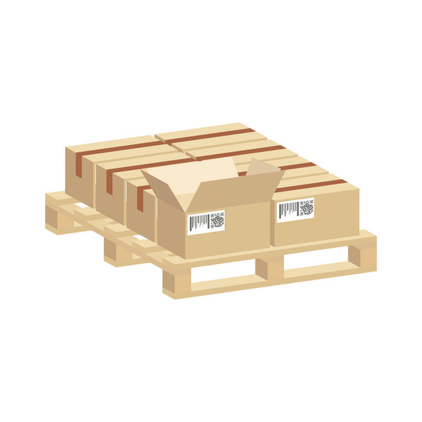 Shipping parcels in cardboard boxes, packed on pallet isolated on white background.Vector isometric and 3D view. - Vector, Image