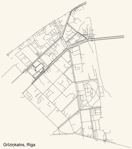 Black simple detailed street roads map on vintage beige background of the quarter Grzikalns neighbourhood of Riga, Latvia - Vector, Image